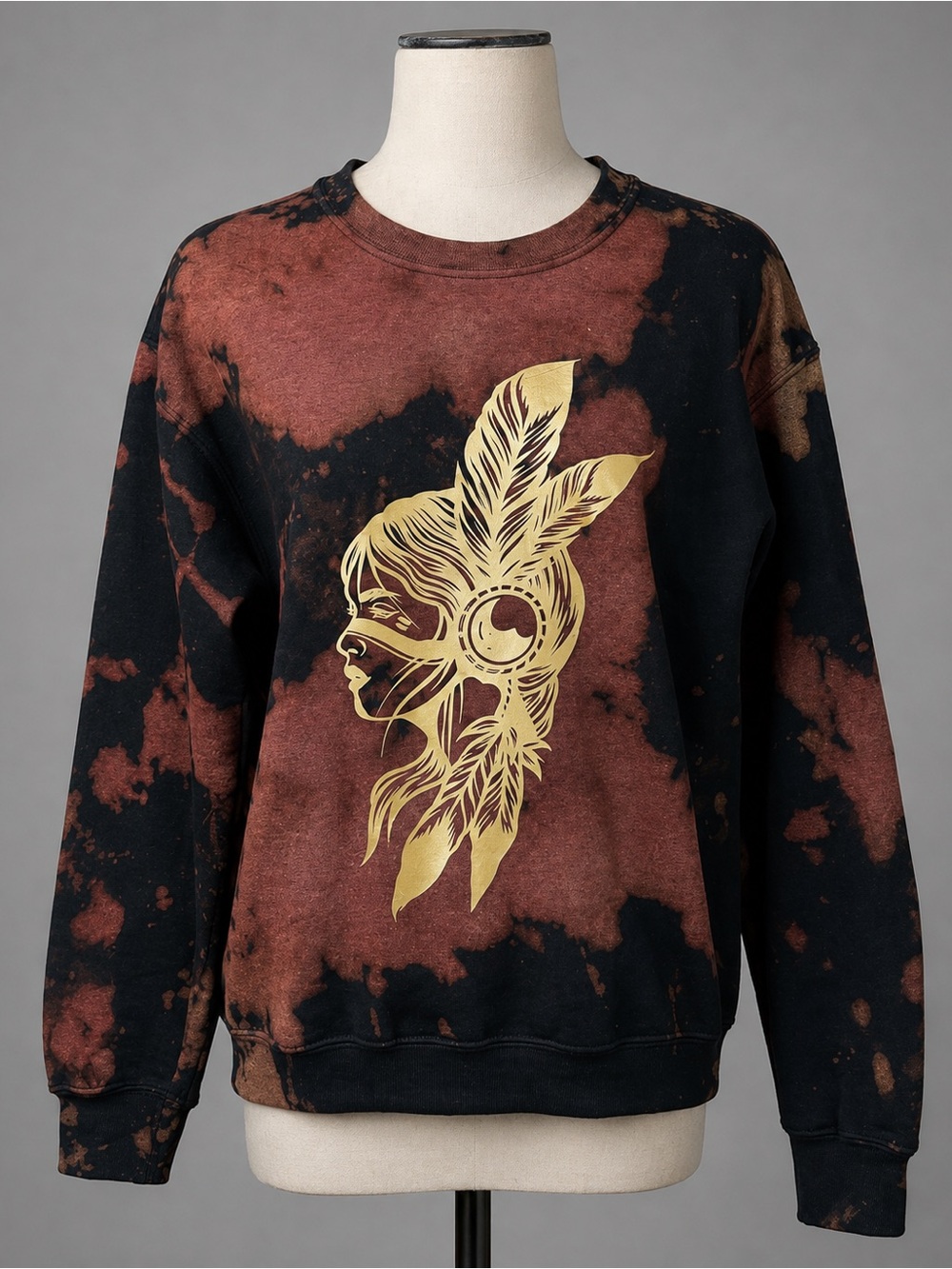 Size, small black tie-dye, gold, graphic, Indian woman sweatshirt